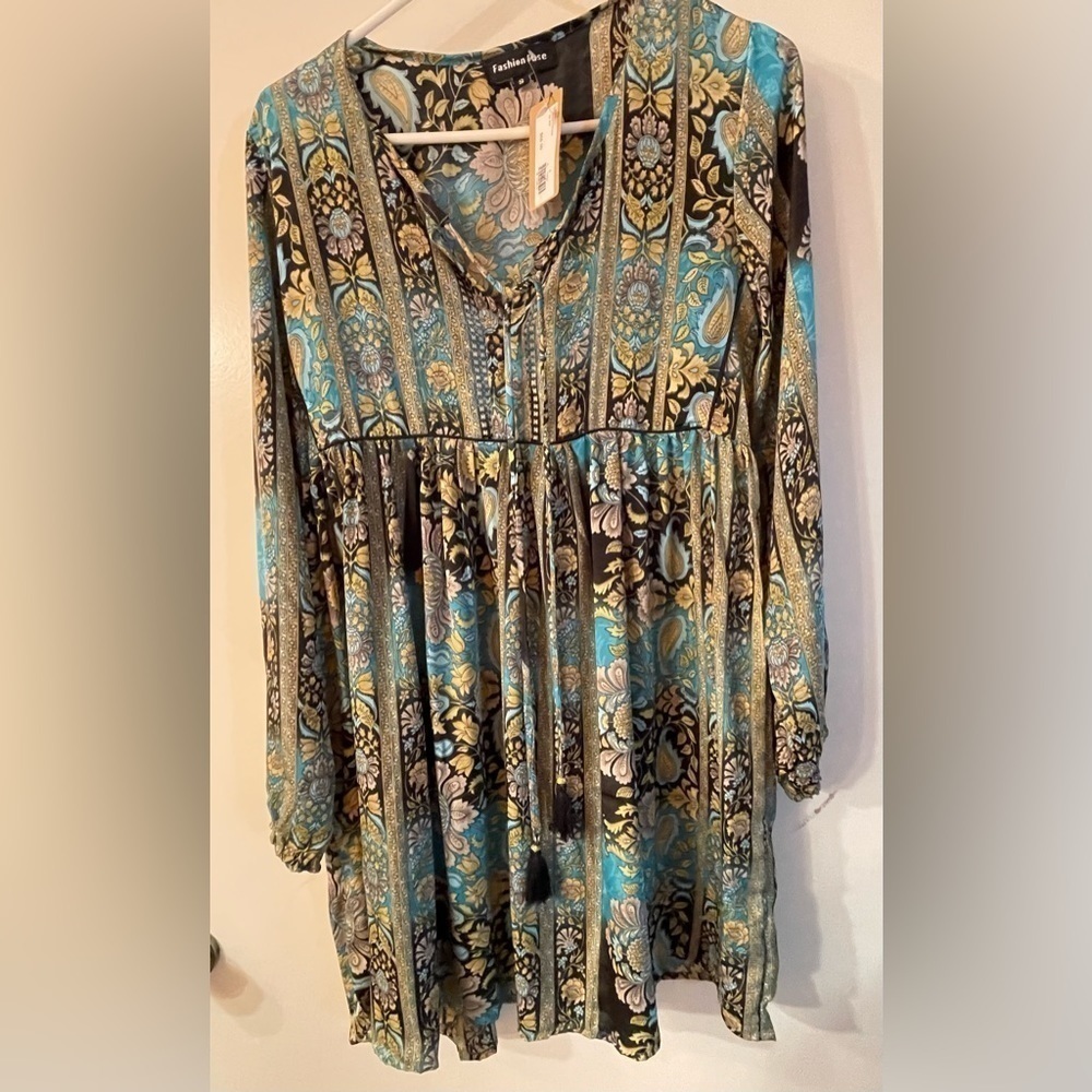 Fashion Fuse boho top/dress; multi color (mostly blues and golds); size small